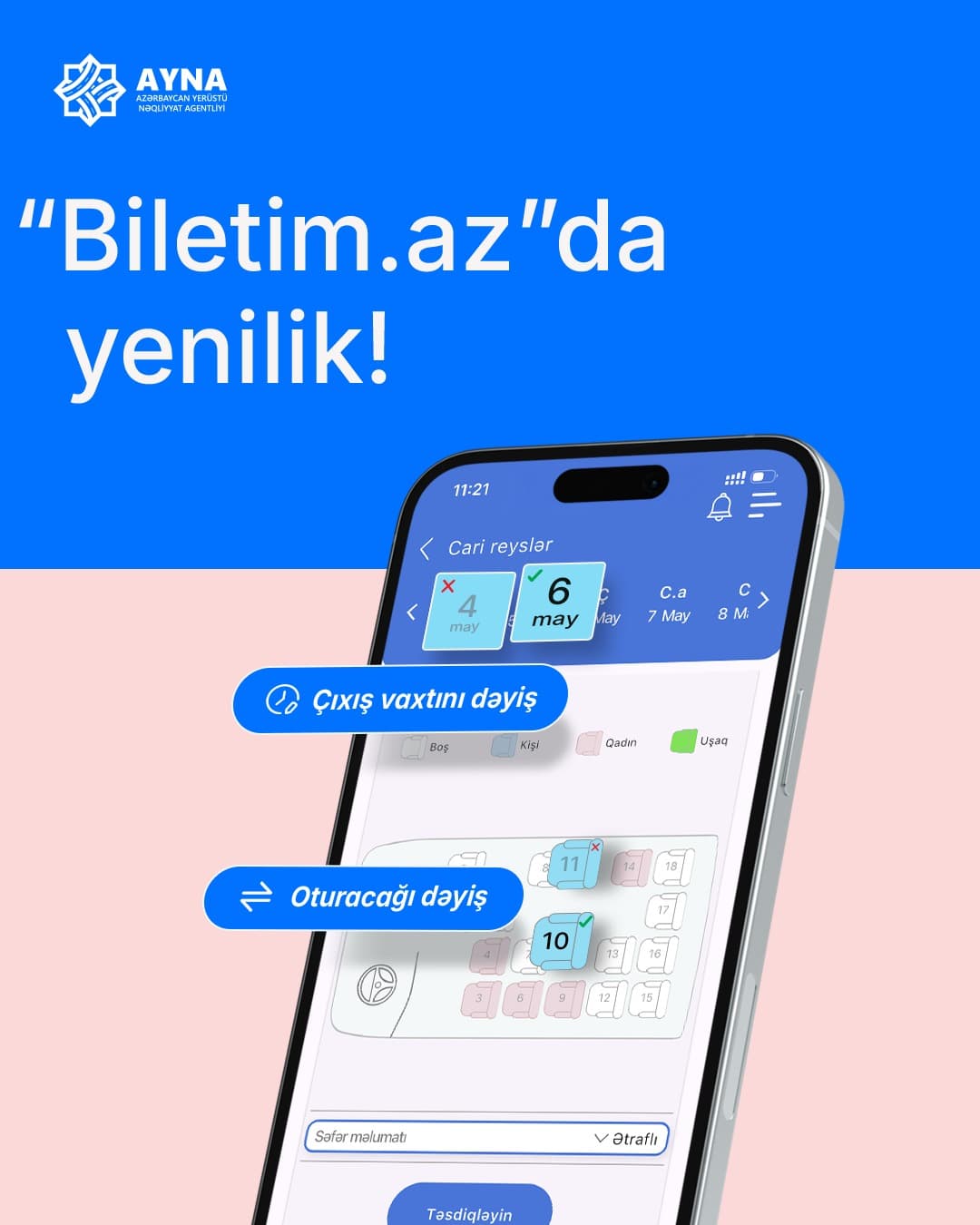 Elektron biletlərdə yerdəyişmə və vaxt dəyişmə imkanı yaradılıb Elektron biletlərdə yerdəyişmə və vaxt dəyişmə imkanı yaradılıb - Şəkil 1
