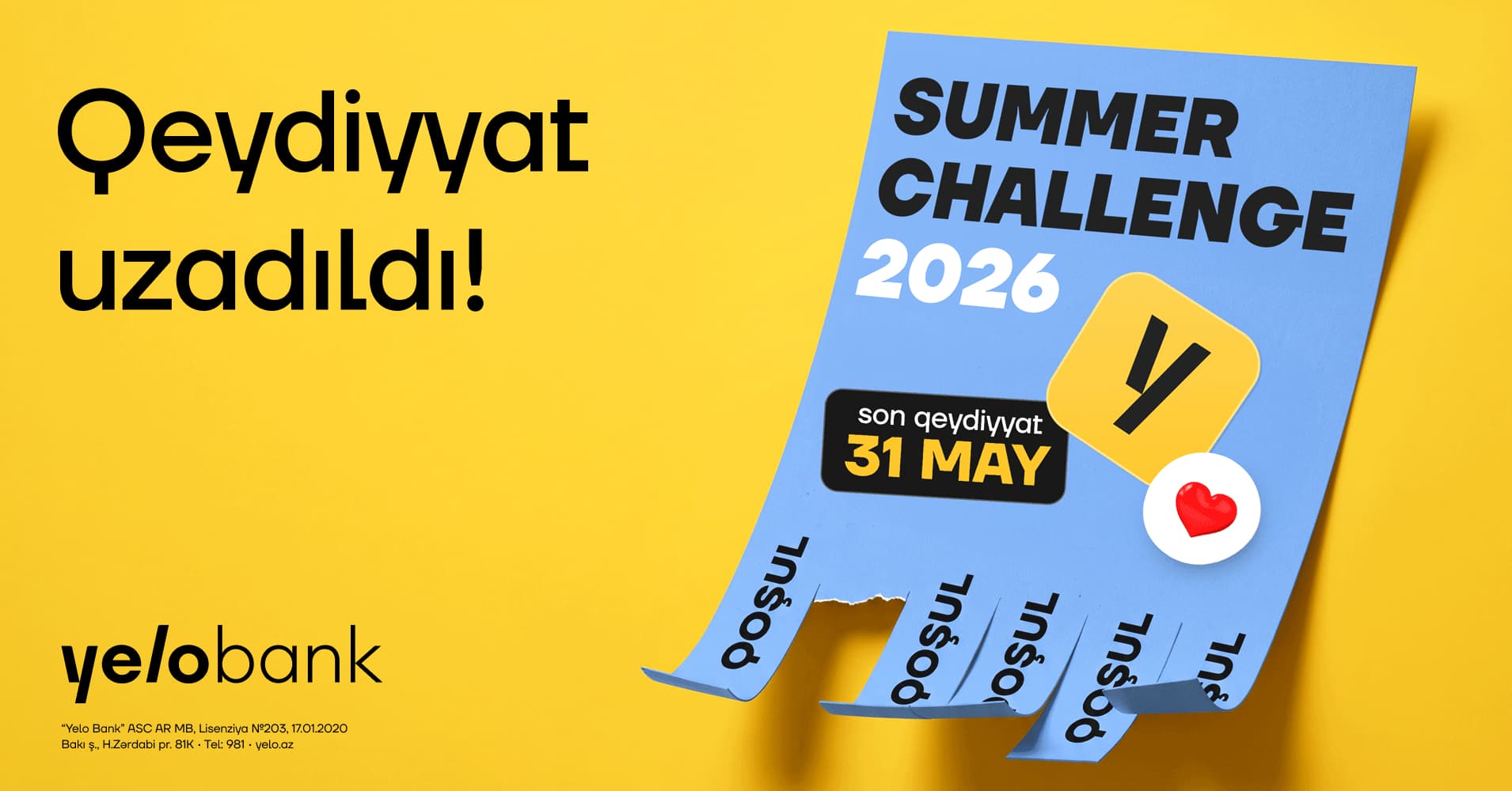 Yelo Bank gənclərin böyük marağını nəzərə alaraq “Summer Challenge 2026” proqramına qeydiyyatı uzatdı! - Şəkil 1