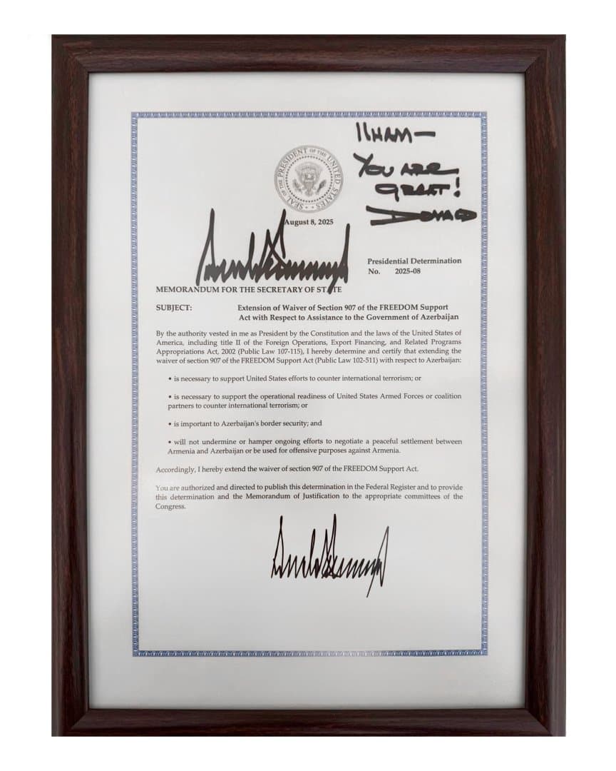 Prezident İlham Əliyev Donald Trampa 907-ci düzəlişin dayandırılması müddətinin uzadılması ilə bağlı memoranduma görə təşəkkür edib - Şəkil 1