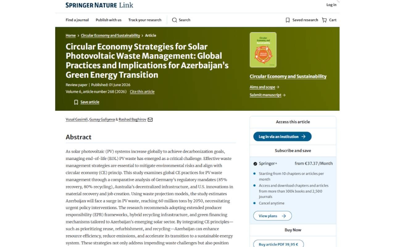 Vüsal Qasımlının həmmüəllifi olduğu məqalə “Springer Nature” nəşrində dərc olunub