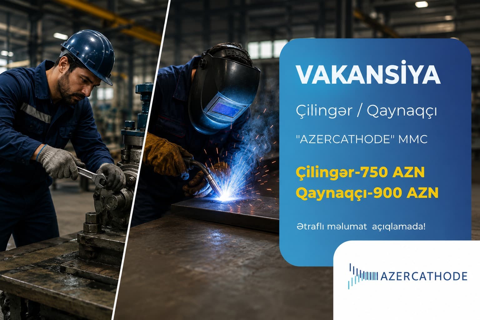 Azercathode MMC-də Çilingər və Qaynaqçı Vakansiyası Azercathode MMC-də Çilingər və Qaynaqçı Vakansiyası - Şəkil 1