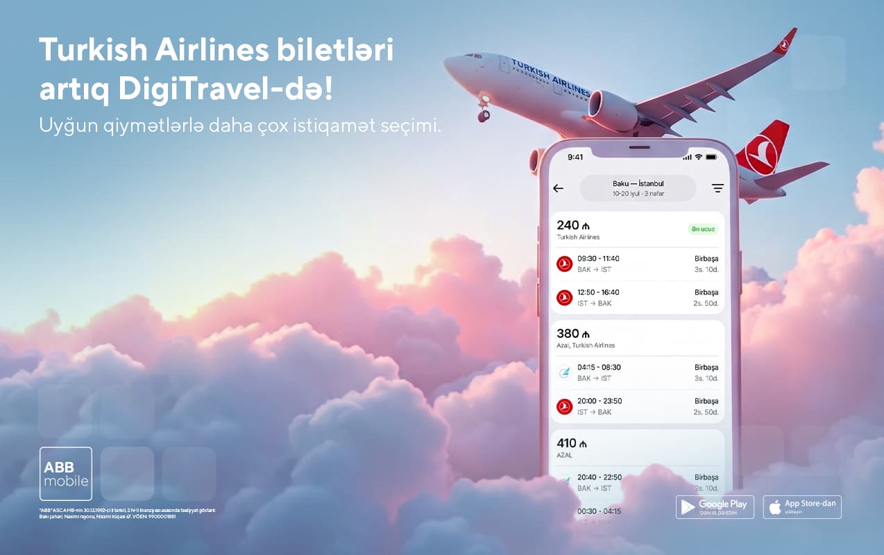 THY və digər hava yollarına biletlər də DigiTravel-lə ABB mobile tətbiqində! — 2