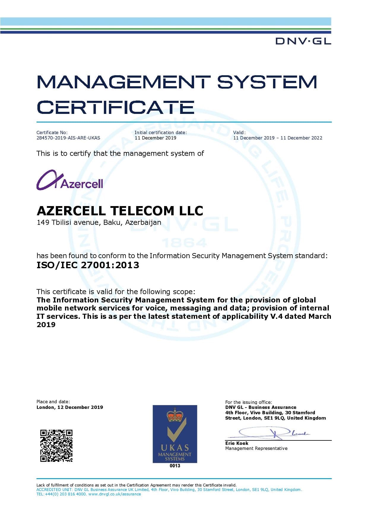 Azercell Azərbaycanda İSO/IEC 27001 uyğunluq sertifikatını alan ilk mobil operator oldu