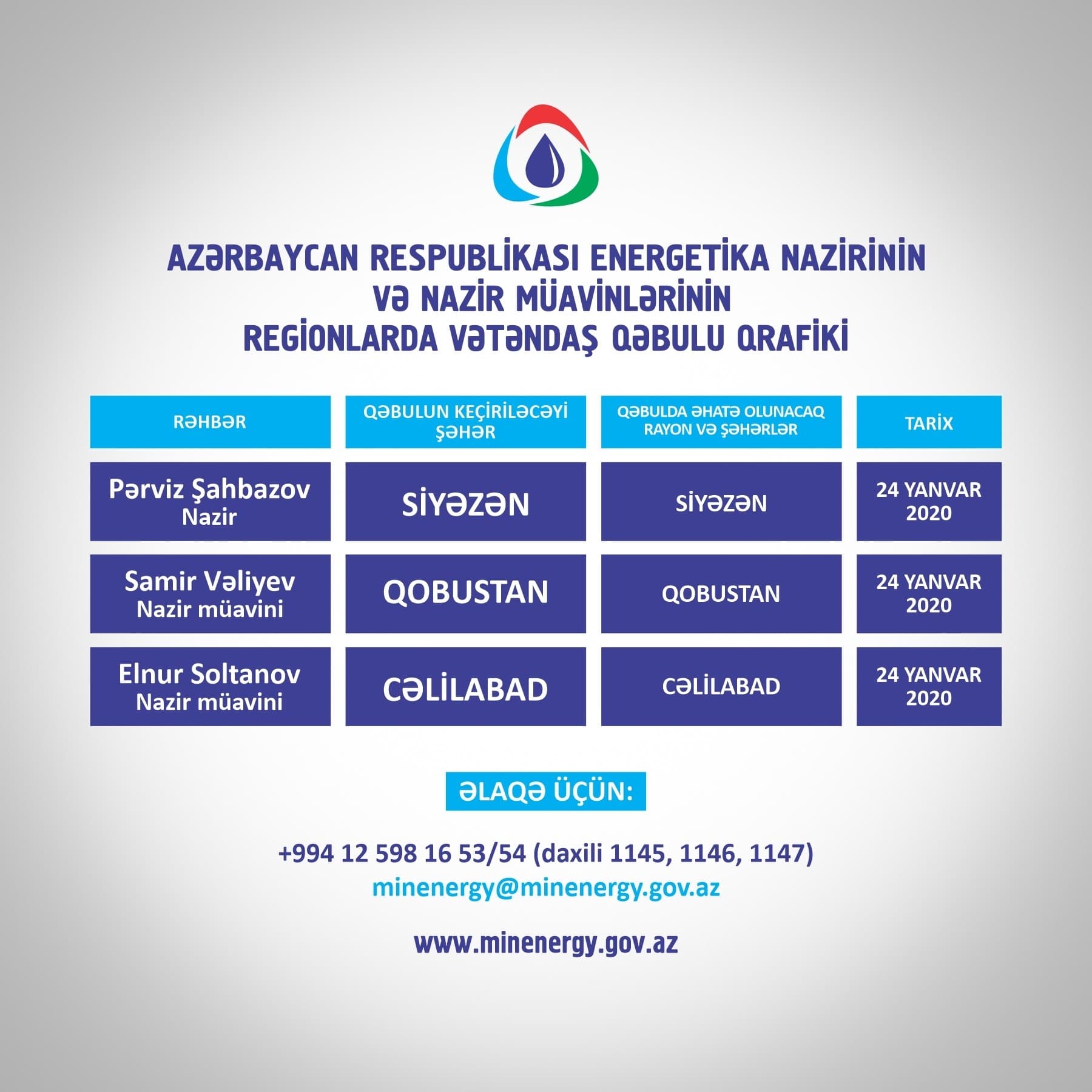 Energetika naziri və nazir müavinləri bölgələrdə vətəndaşları qəbul edəcək