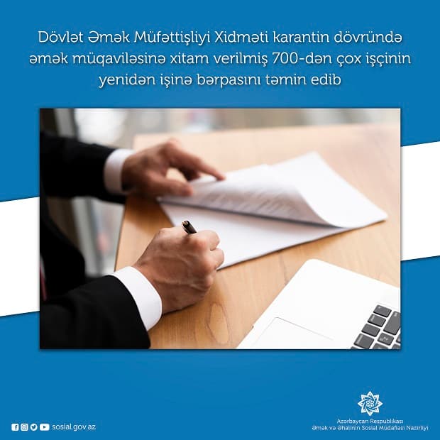 Əmək Müfəttişliyi karantin dövründə əmək müqaviləsinə xitam verilmiş işçiləri yenidən işinə bərpa edib