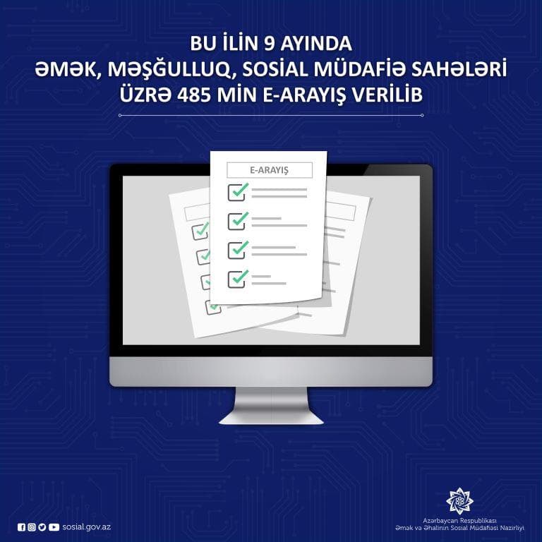 Bu ilin 9 ayında əmək, məşğulluq, sosial müdafiə sahələri üzrə 485 min e-arayış verilib