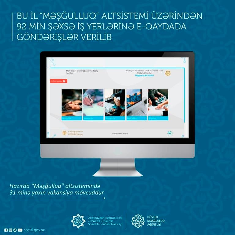 Bu il  “Məşğulluq” altsistemi üzərindən 92 min şəxsə iş yerlərinə e-qaydada göndərişlər verilib