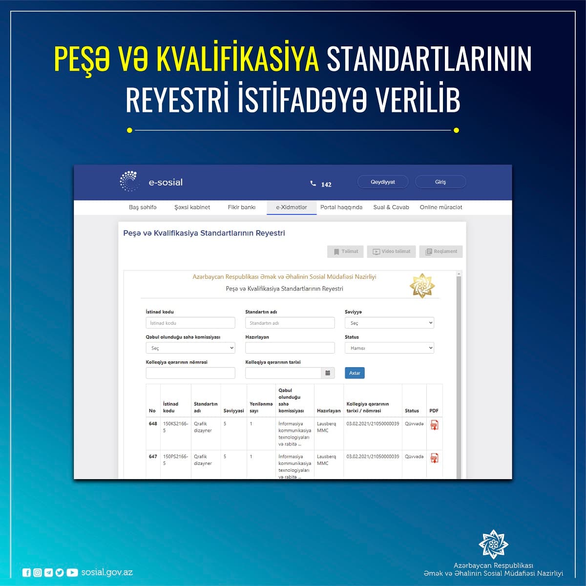 Peşə və kvalifikasiya standartlarının reyestri istifadəyə verilib