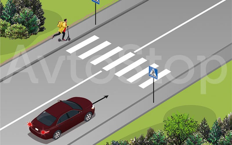 Piyada samokatda keçidə yaxınlaşır. Sürücü hansı halda yol verməlidir?