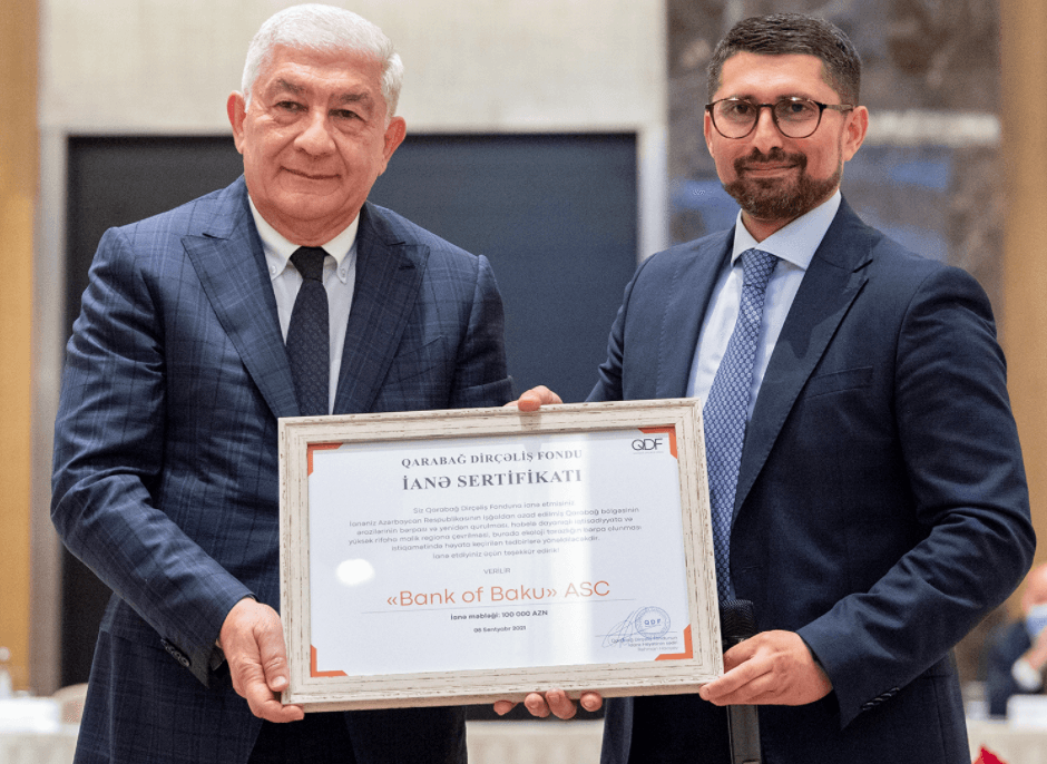 Bank of Baku “Qarabağ Dirçəliş Fondu”nun xüsusi sertifikatı ilə təltif olunub