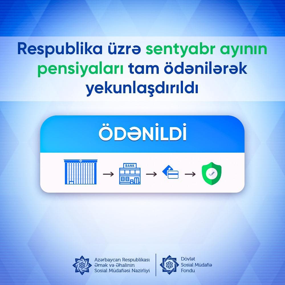 Ölkə üzrə sentyabr ayının pensiya ödənişləri başa çatıb