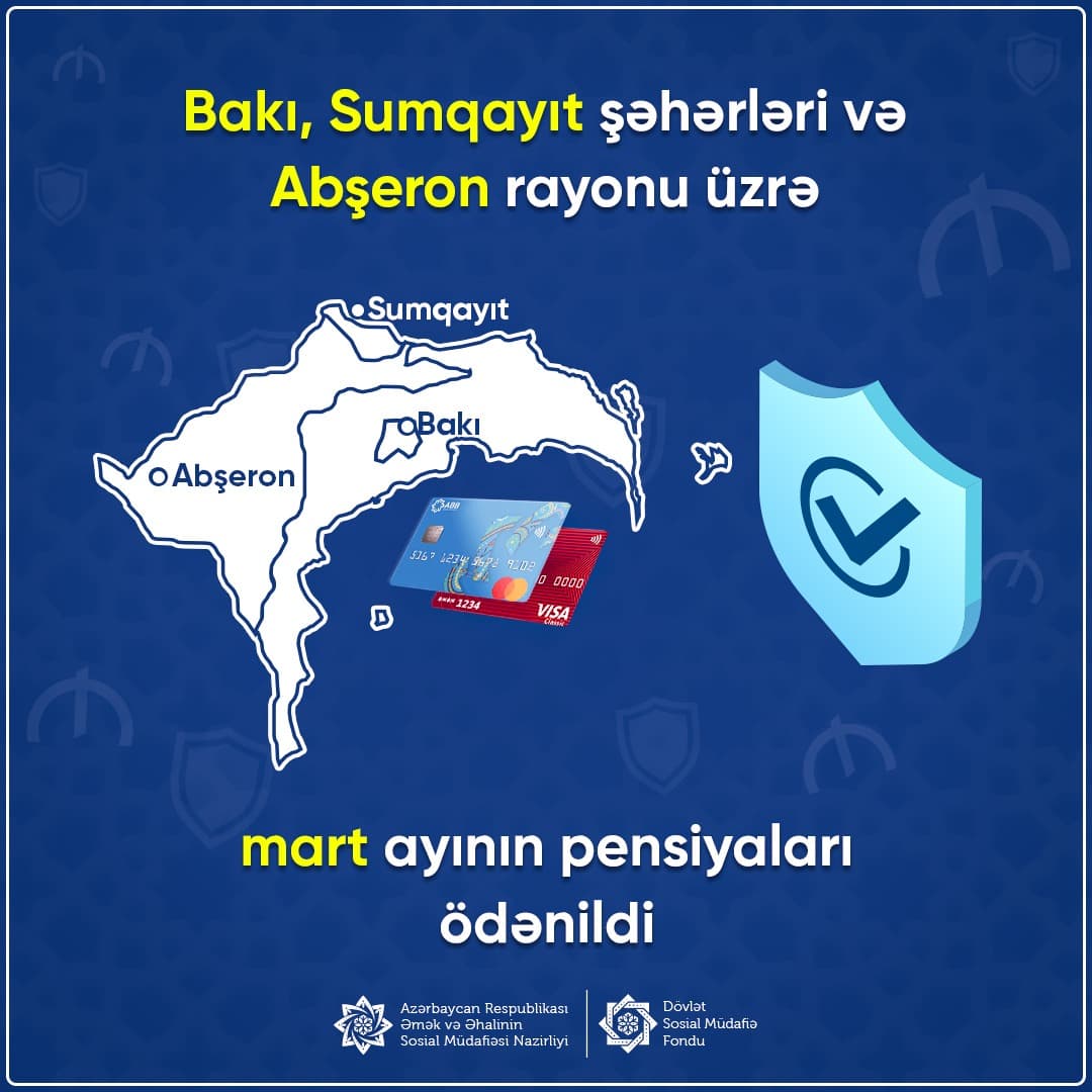 Bakı, Sumqayıt şəhərləri və Abşeron rayonu üzrə mart ayının pensiyaları ödənilib