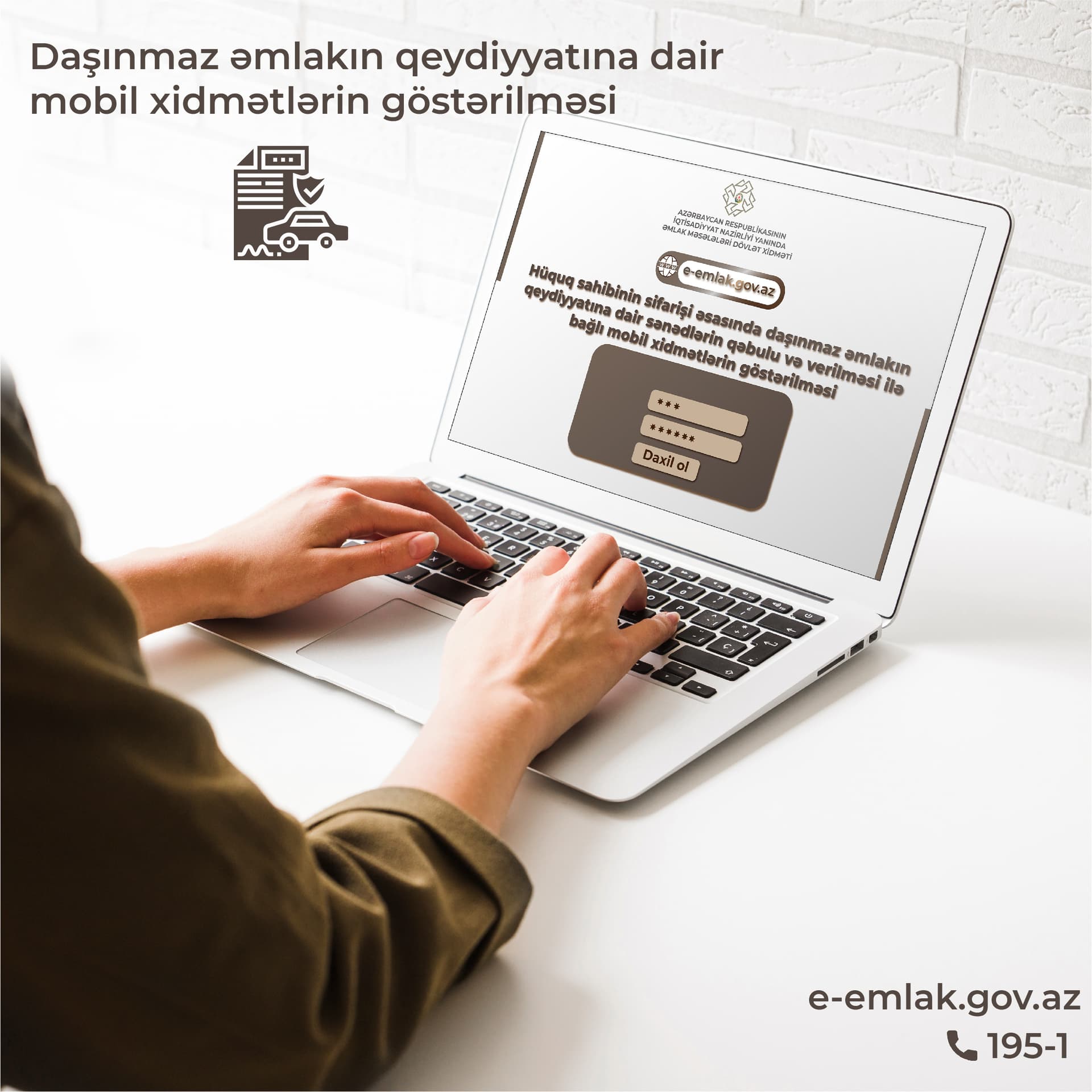 Daşınmaz əmlakın qeydiyyatına dair sənədlərin qəbulu və verilməsi xidməti ünvanda da göstərilir
