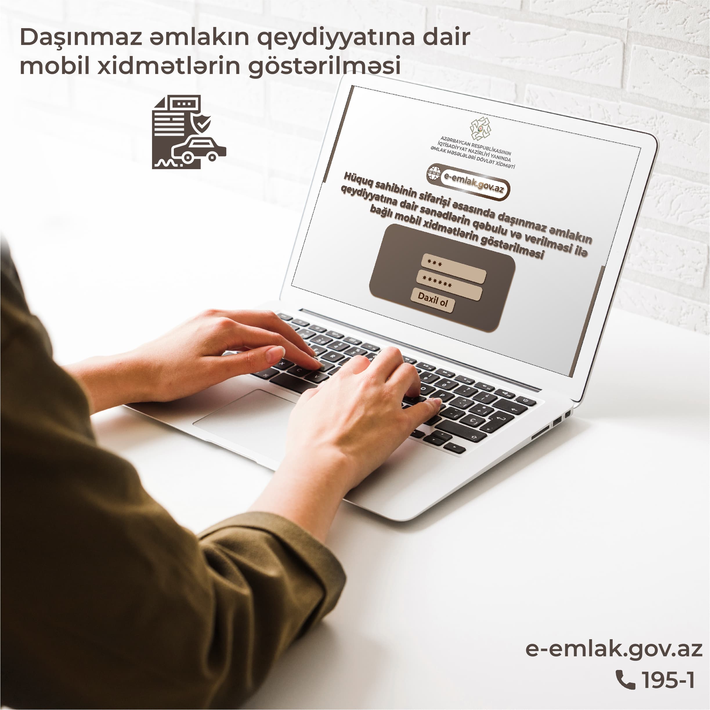 Daşınmaz əmlakın qeydiyyatına dair sənədlərin qəbulu və verilməsi xidməti ünvanda da göstərilir
