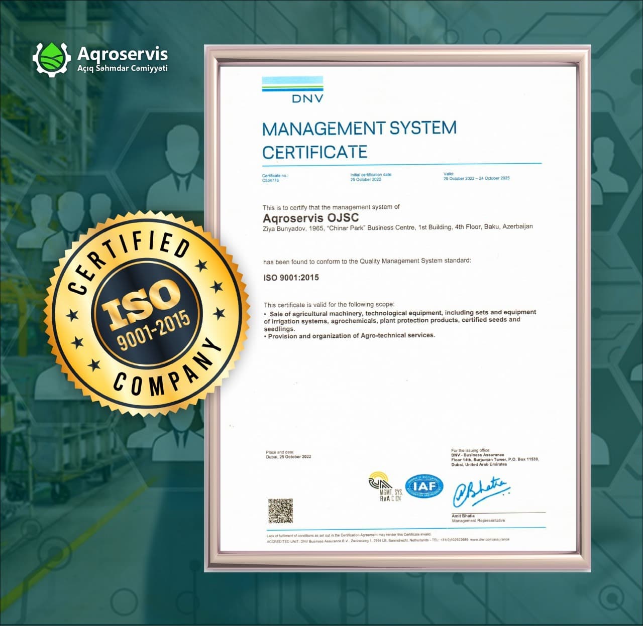 Aqroservis ASC İSO 9001:2015 keyfiyyət sertifikatına layiq görülüb