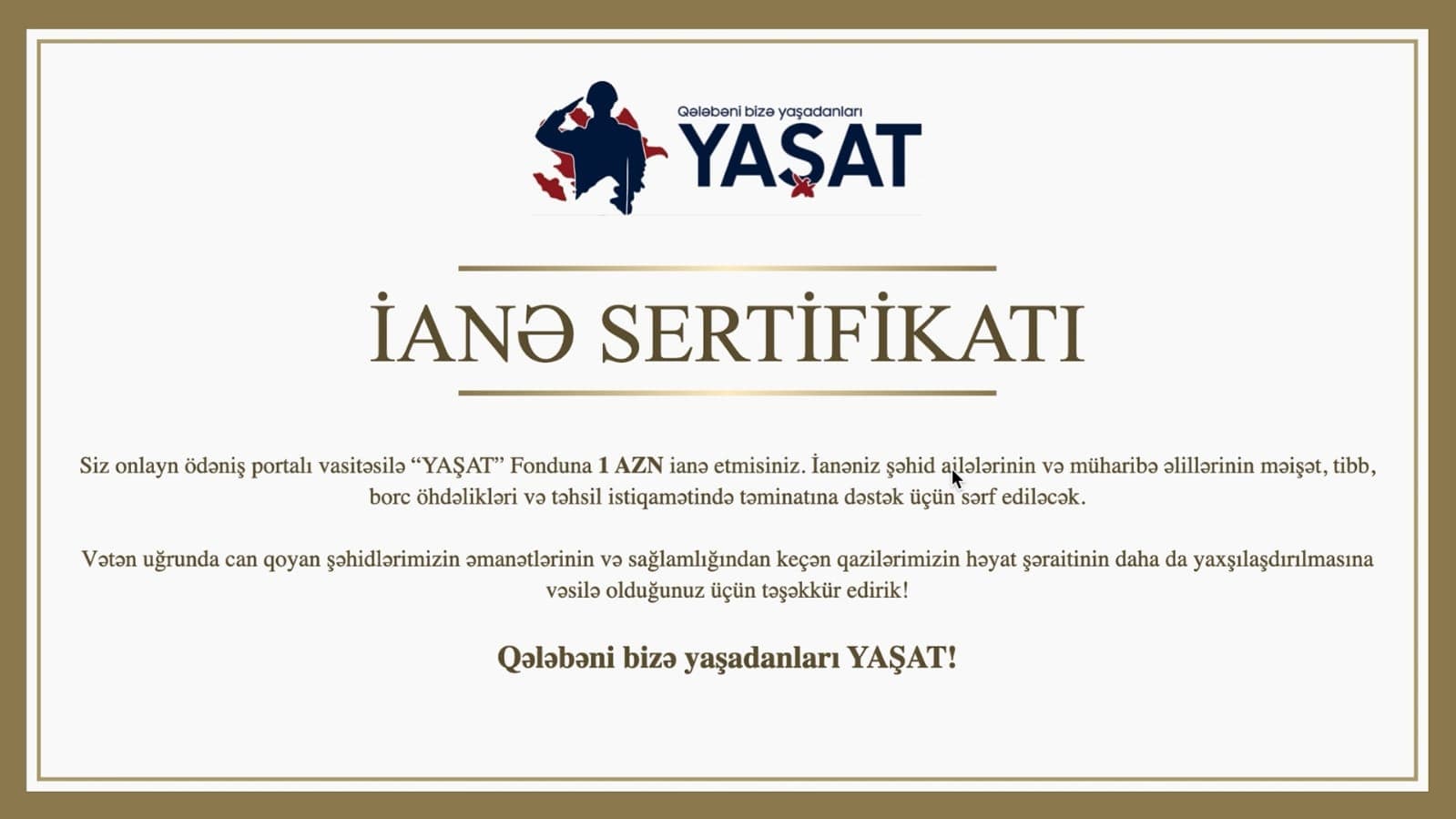 “YAŞAT” Fondu təşəkkürü simvolizə edən sertifikat təqdim edir