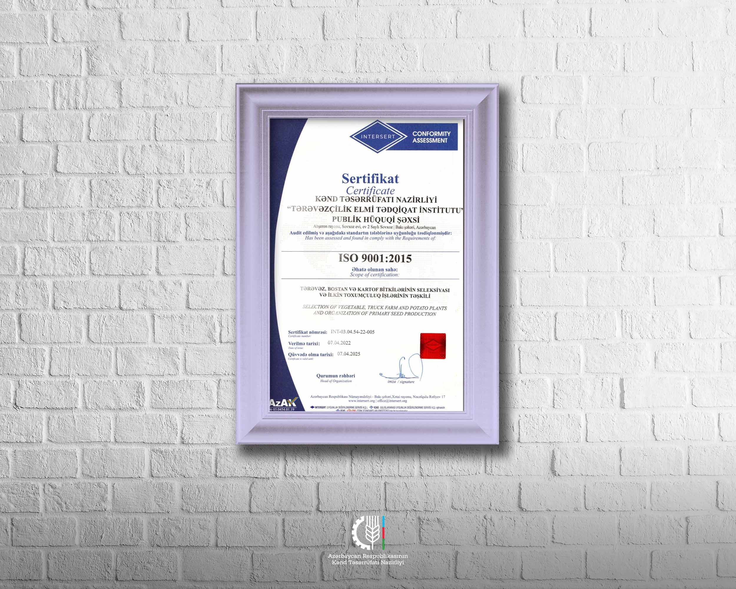 Tərəvəzçilik Elmi-Tədqiqat İnstitutu ISO 9001:2015 standartı sertifikatına layiq görülüb