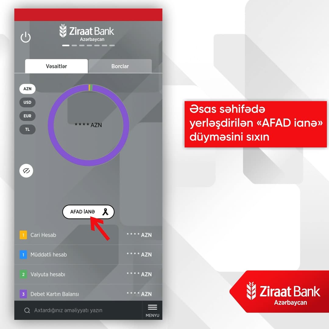Ziraat Bank Azərbaycan Mobil Bankıçılıq tətbiqi ilə Türkiyədə baş vermiş zəlzələdə zərər çəkənlərə dəstək olmaq daha da asanlaşdı