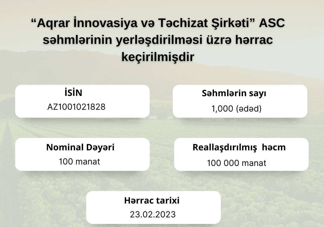 Aqrar İnnovasiya və Təchizat Şirkəti ASC-nin səhmlərinin yerləşdirilməsi üzrə hərrac keçirilib