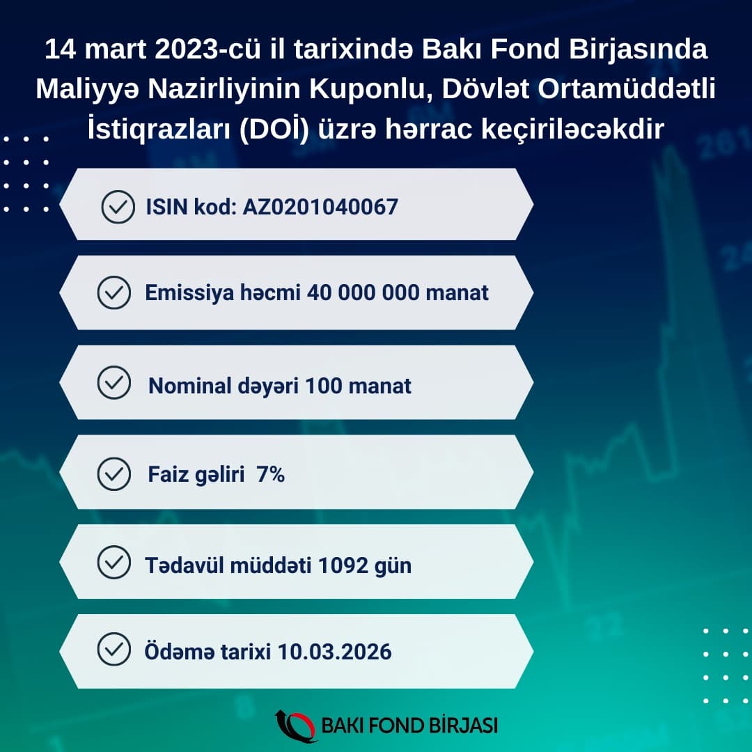 Maliyyə Nazirliyinin istiqrazlarının yerləşdirilməsi üzrə hərrac keçiriləcək