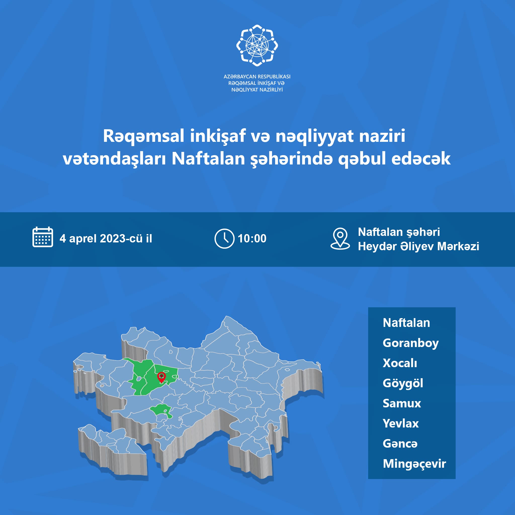 Nazir Rəşad Nəbiyev Naftalan şəhərində vətəndaşları qəbul edəcək