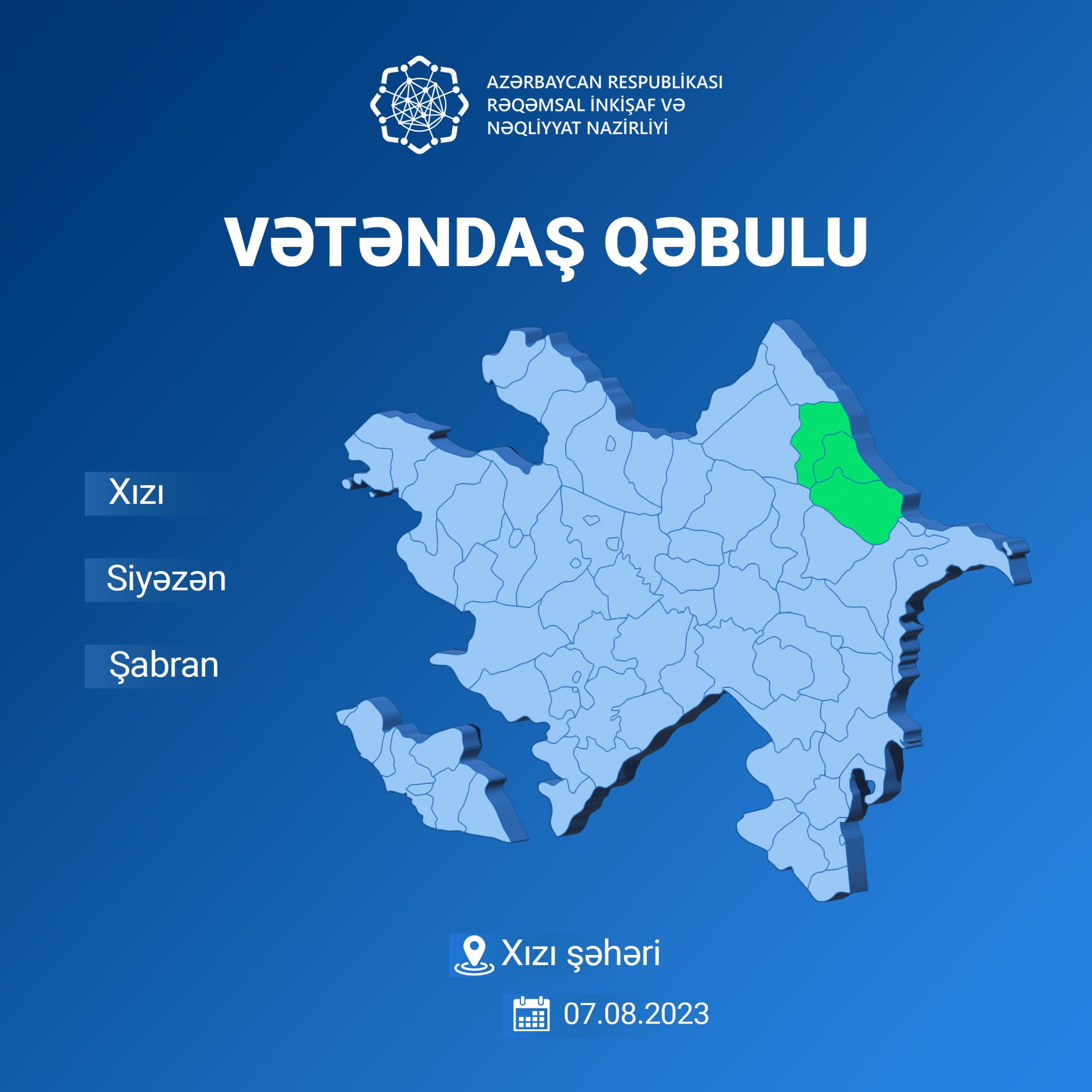 Nazir Rəşad Nəbiyev Xızı şəhərində vətəndaşları qəbul edəcək