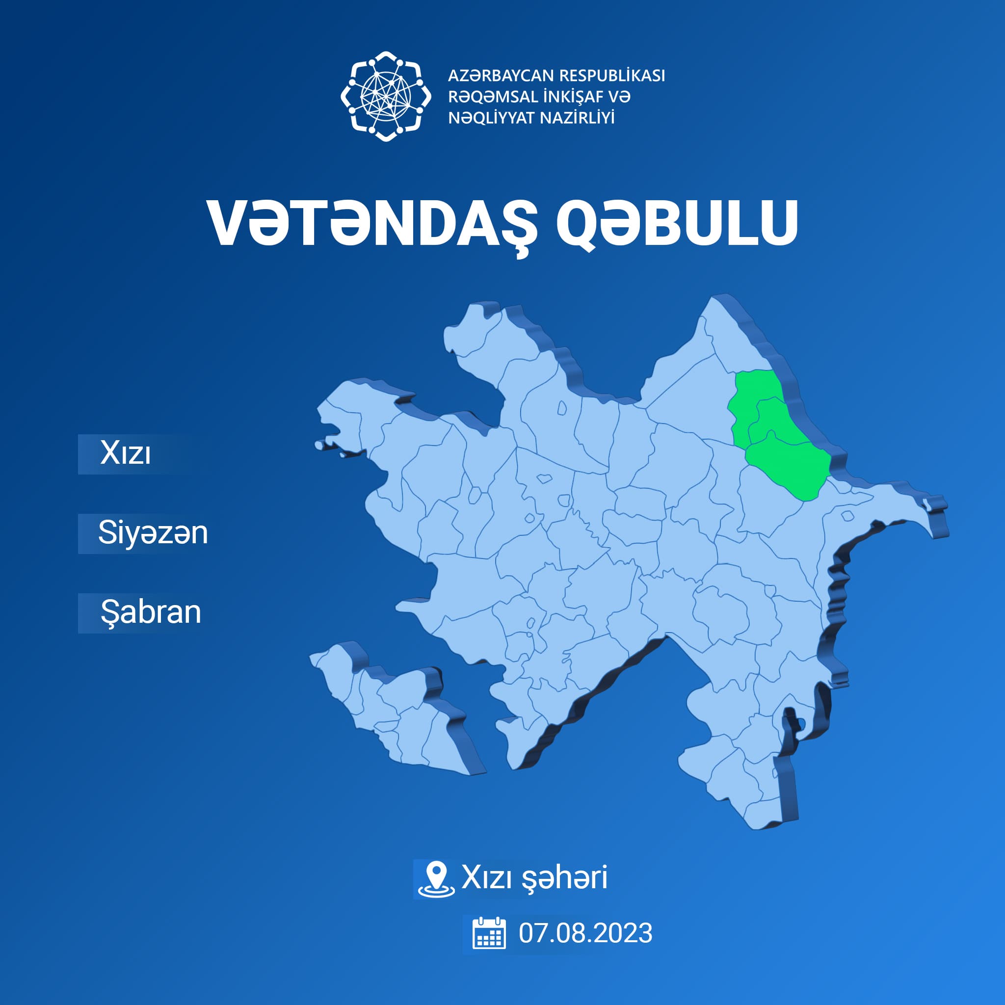 Nazir Rəşad Nəbiyev Xızı şəhərində vətəndaşları qəbul edəcək