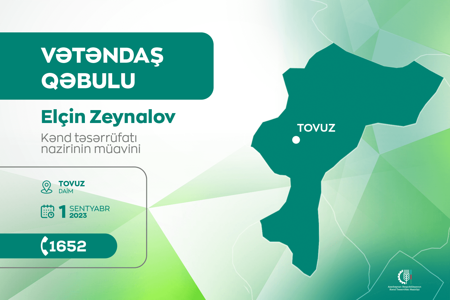 Kənd təsərrüfatı nazirinin müavini Tovuzda vətəndaşları qəbul edəcək