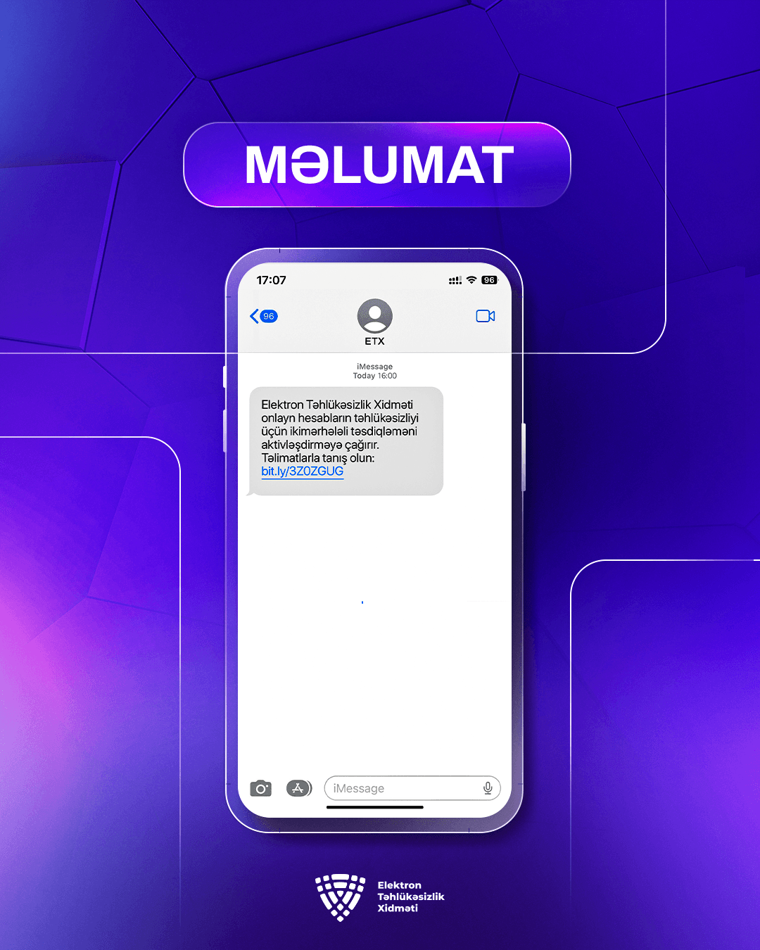 ETX vətəndaşlara onlayn hesabların təhlükəsizliyinin təmin edilməsi məqsədilə SMS-lər göndərir