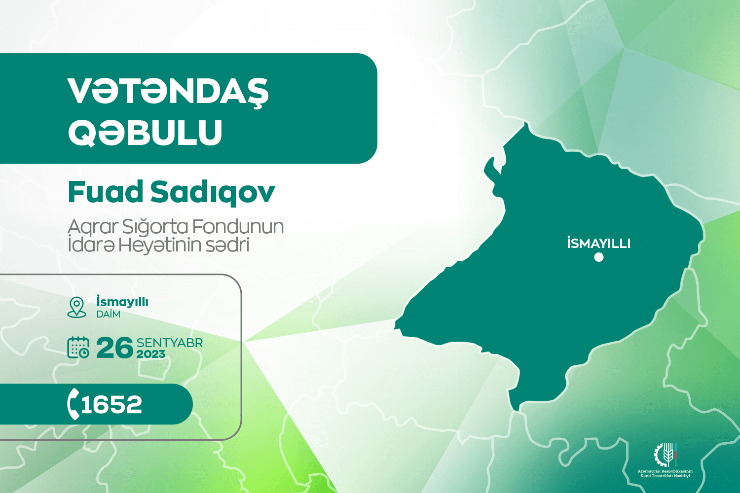 Aqrar Sığorta Fondunun İdarə Heyətinin sədri İsmayıllıda vətəndaşları qəbul edəcək