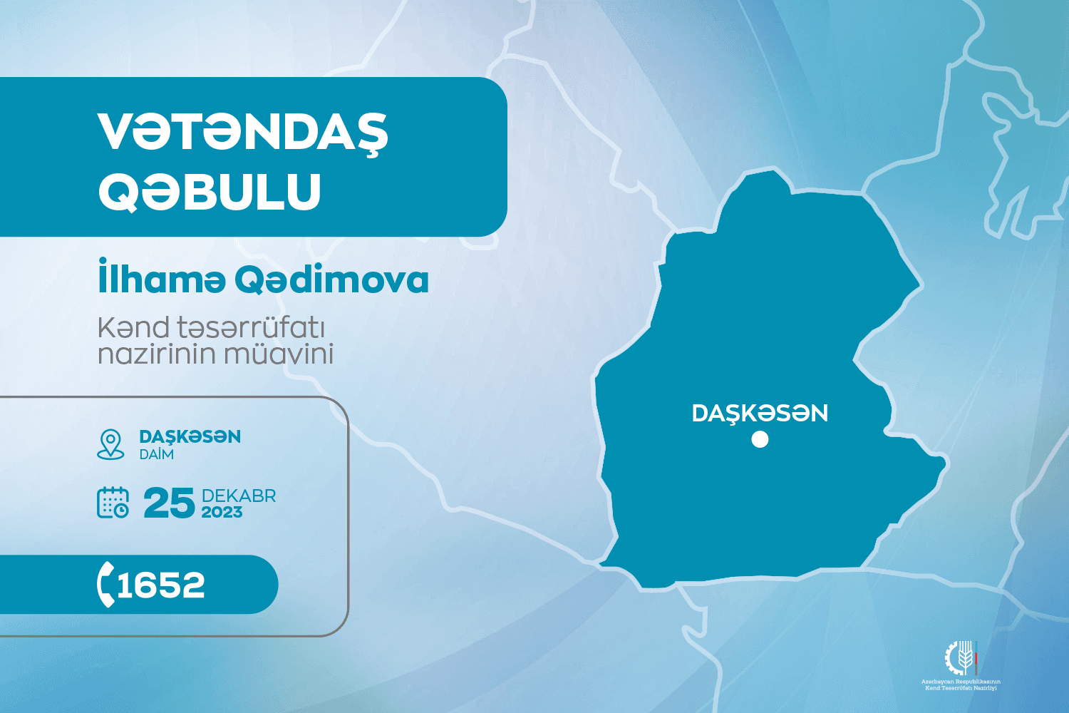 Kənd təsərrüfatı nazirinin müavini İlhamə Qədimova Daşkəsəndə vətəndaşları qəbul edəcək
