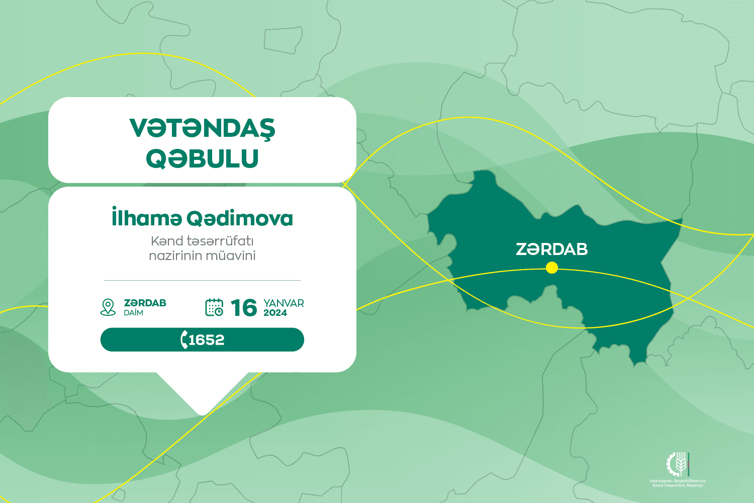 Kənd təsərrüfatı nazirinin müavini İlhamə Qədimova Zərdabda vətəndaşları qəbul edəcək
