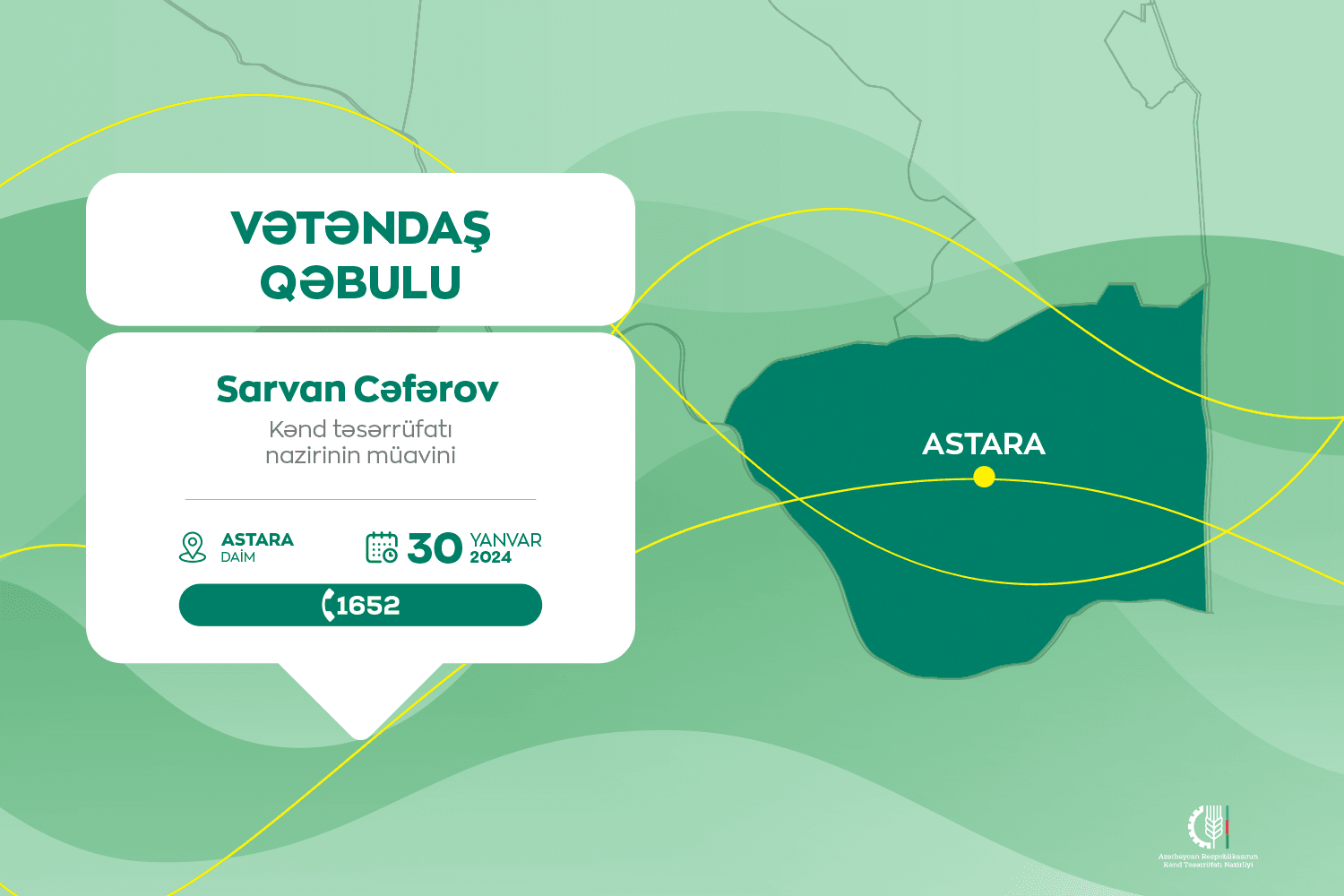 Kənd təsərrüfatı nazirinin müavini Sarvan Cəfərov Astarada vətəndaşları qəbul edəcək