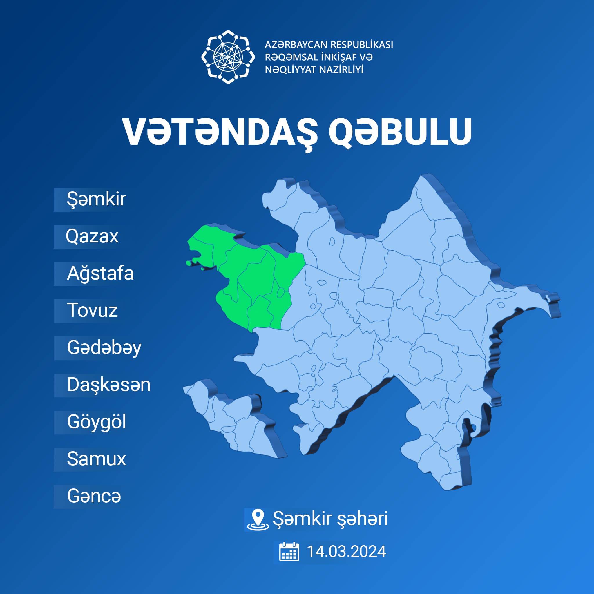 Nazir Rəşad Nəbiyev Şəmkirdə vətəndaşları qəbul edəcək
