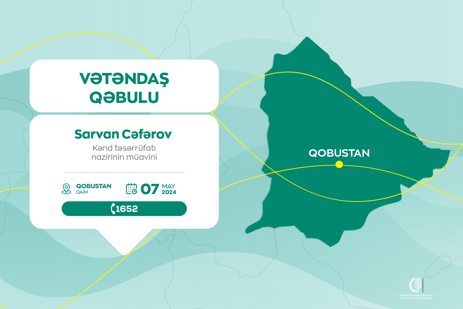 Kənd təsərrüfatı nazirinin müavini Sarvan Cəfərov Qobustanda vətəndaşları qəbul edəcək