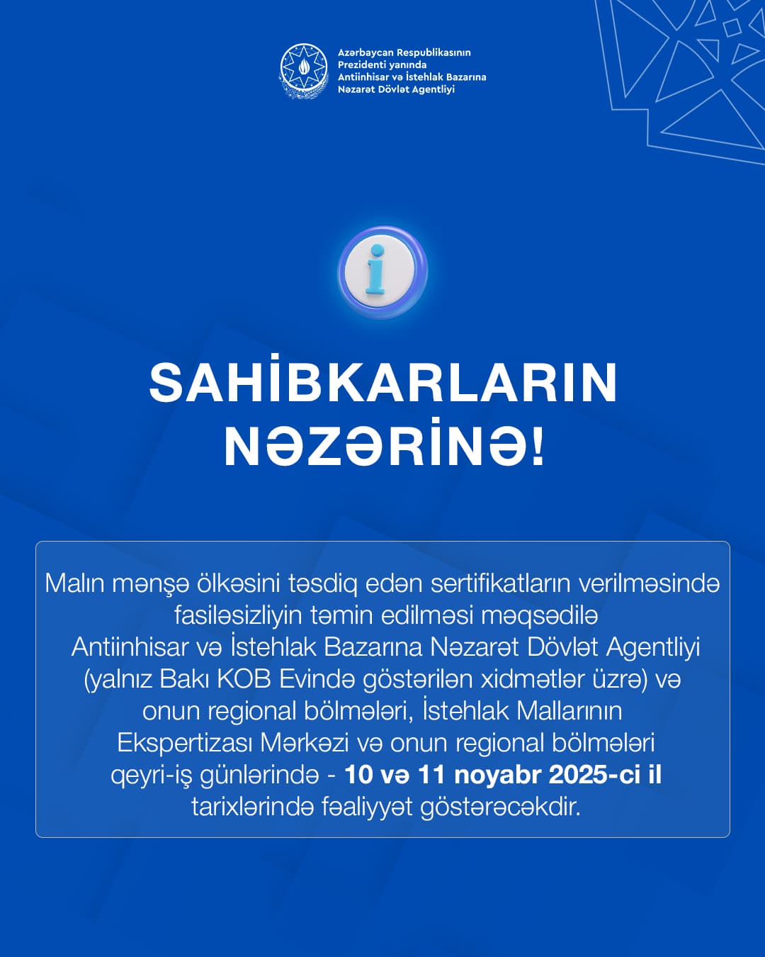 Antiinhisar və İstehlak Bazarına Nəzarət Dövlət Agentliyinin məlumatı