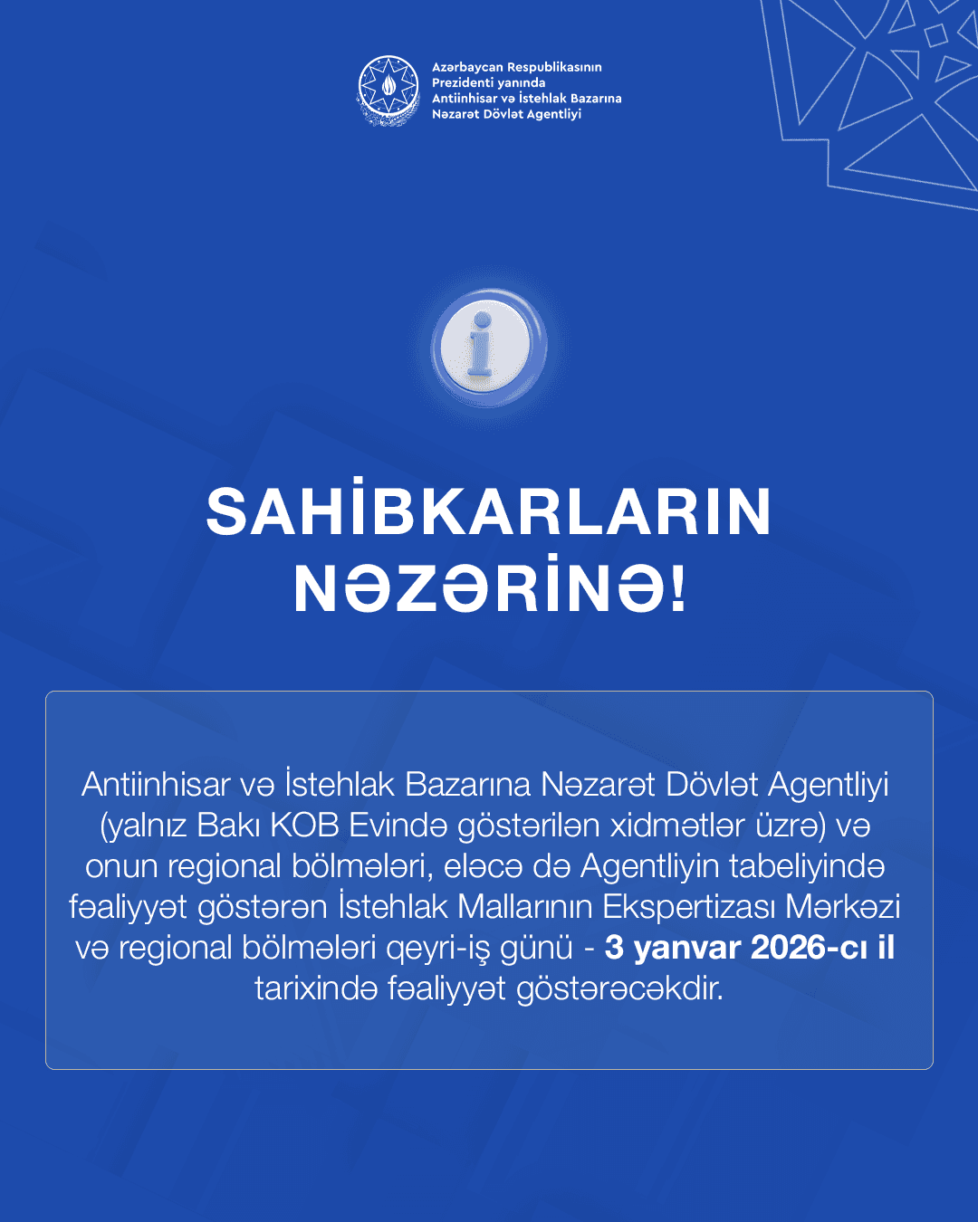 Antiinhisar və İstehlak Bazarına Nəzarət Dövlət Agentliyinin məlumatı