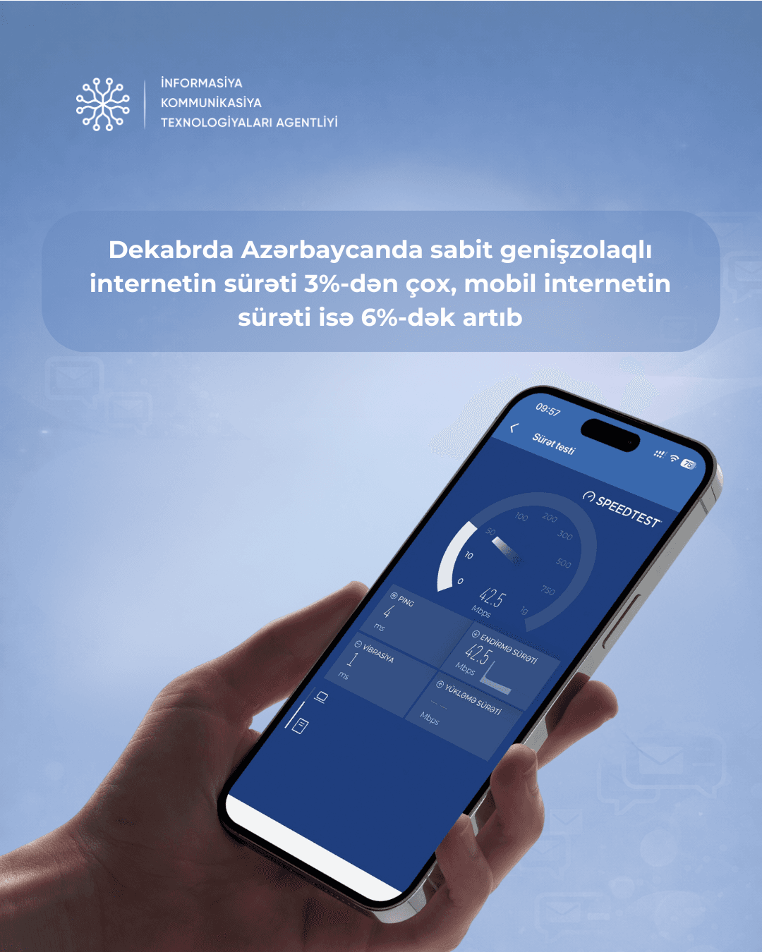 Dekabrda Azərbaycanda sabit genişzolaqlı internetin sürəti 3%-dən çox, mobil internetin sürəti isə 6%-dək artıb