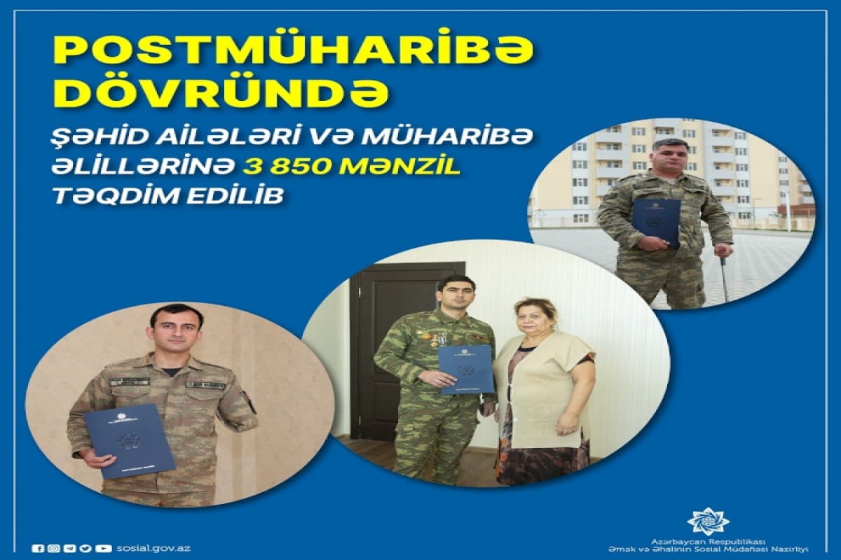Postmüharibə dövründə şəhid ailələri və müharibə əlillərinə verilən mənzilərin sayı açıqlanıb Postmüharibə dövründə şəhid ailələri və müharibə əlillərinə verilən mənzilərin sayı açıqlanıb