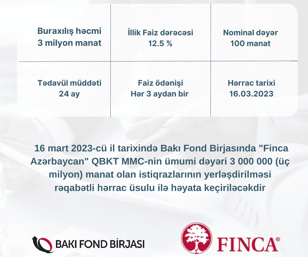 BFB-da "Finca Azərbaycan" QBKT MMC-nin istiqrazlarının yerləşdirilməsi üzrə hərrac keçiriləcəkdir BFB-da "Finca Azərbaycan" QBKT MMC-nin istiqrazlarının yerləşdirilməsi üzrə hərrac keçiriləcəkdir