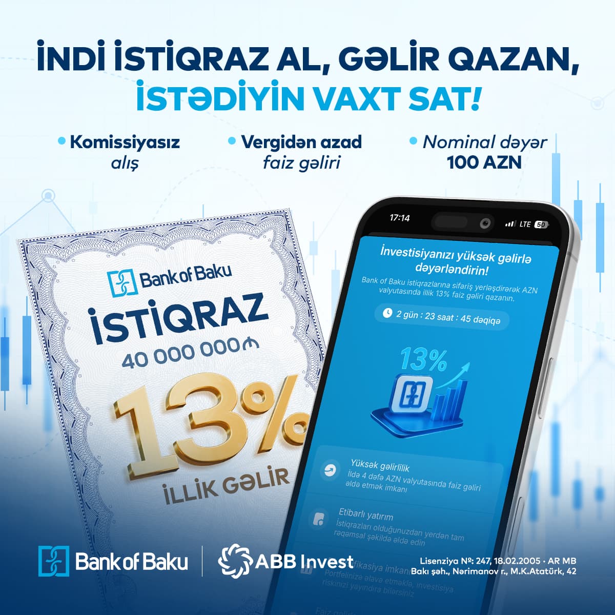Bank of Baku istiqrazlarını ALIN, illik 13% GƏLİR QAZANIN, İSTƏDİYİNİZ VAXT SATIN. Bank of Baku istiqrazlarını ALIN, illik 13% GƏLİR QAZANIN, İSTƏDİYİNİZ VAXT SATIN.