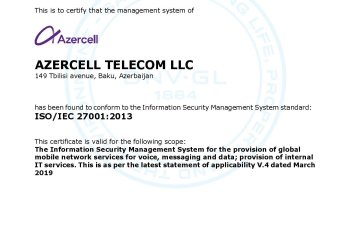 Azercell Azərbaycanda İSO/IEC 27001 uyğunluq sertifikatını alan ilk mobil operator oldu