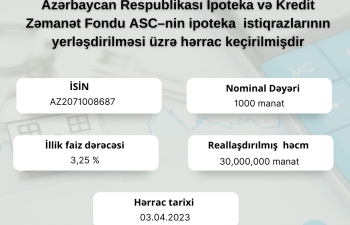 Azərbaycan Respublikası İpoteka və Kredit Zəmanət Fondu ASC–nin ipoteka istiqrazlarının yerləşdirilməsi üzrə hərrac keçirilib